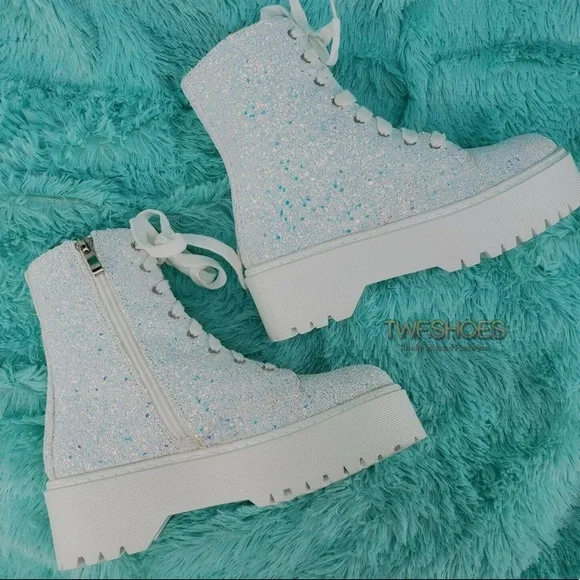 White Glitter Combat Boots - Picture 4 of 10